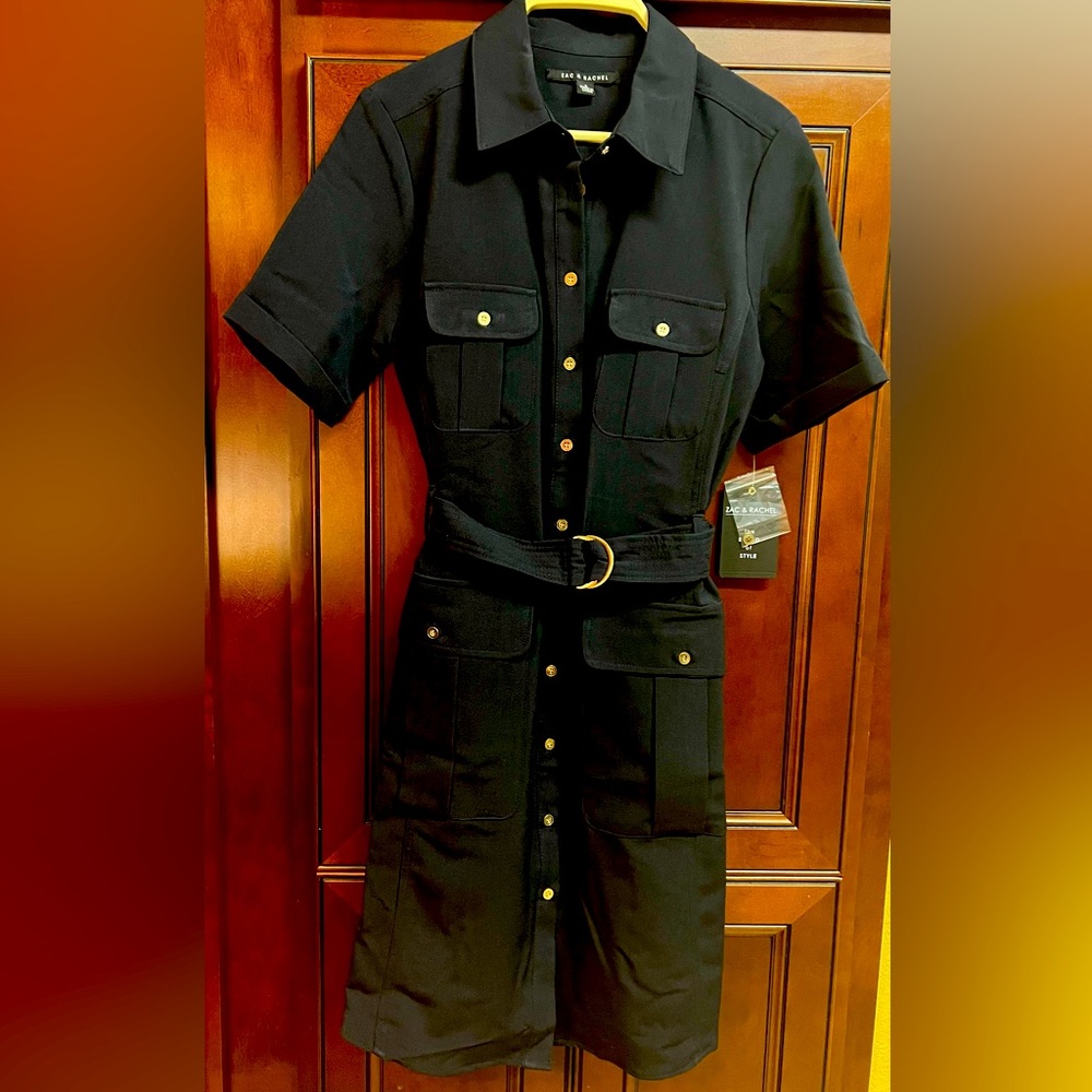Navy Shirtdress with Gold Metal Accents